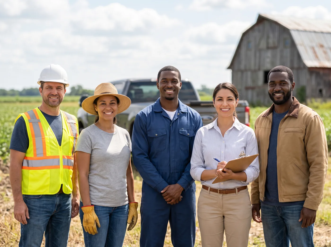 A crew of workers from construction, farm and warehouse jobs standing together